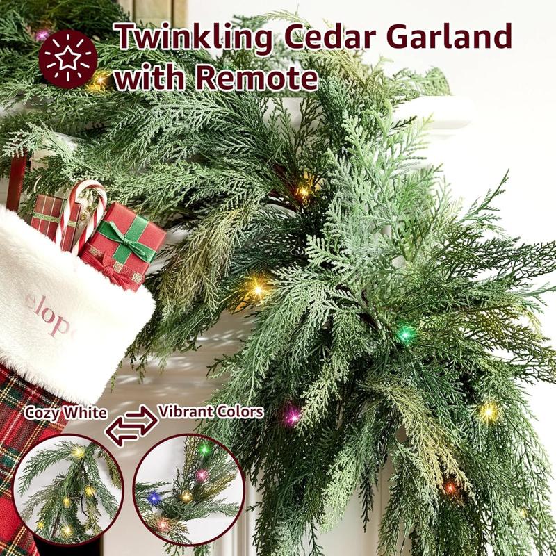 Christmas Cedar Garland Realistic with Lights - Cypress Decorations 9ft for Mantle Lighted Faux Pine Garlands for Xmas Home Decoration Indoor Stairs Railing Fireplace 9 Ft Outdoor Prelit Door Decor