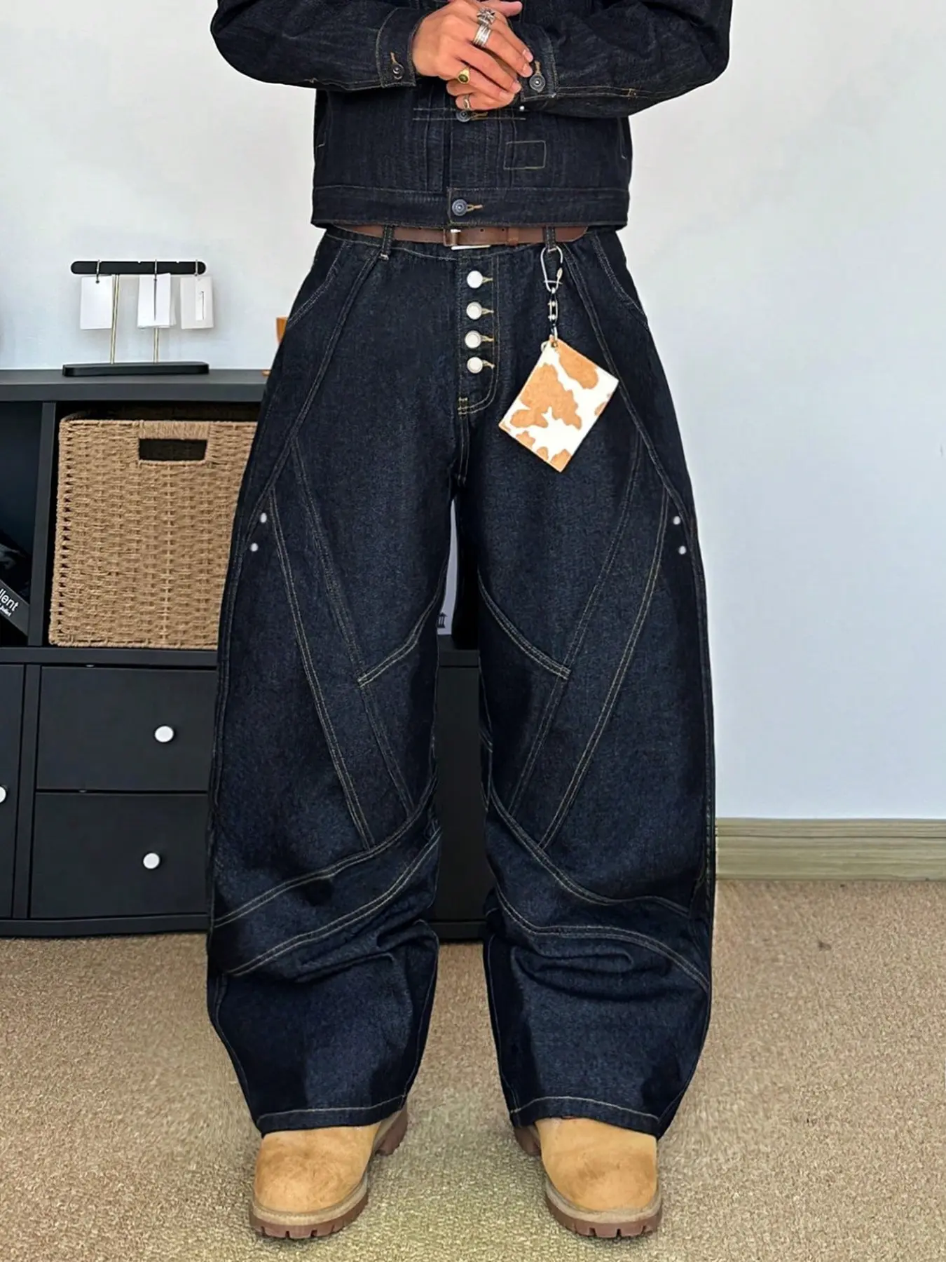 American Vintage Design Multi-Button Wide-Leg Jeans for Men, Loose-Fit Straight Leg Streetwear Fashion Pants, All Seasons Long Jeans