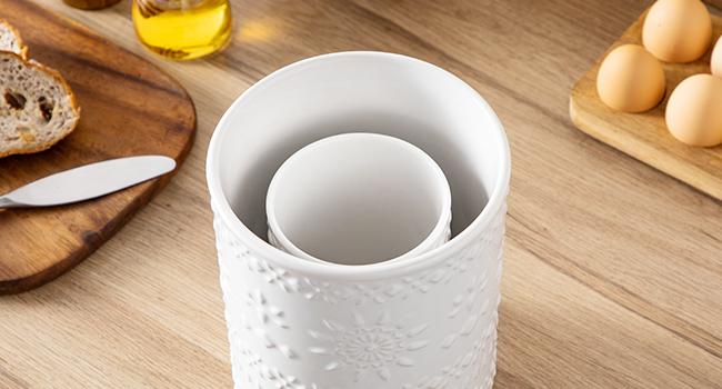 Utensil Holder, 7.2"+5.4" Ceramic Utensil Holder for Countertop, Large Cooking Utensil Crocks for Kitchen Counter, Farmhouse Utensil Vase for Housewarming, Kitchen Decor, Set of 2, Snow