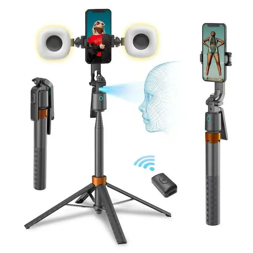 Adjustable Selfie Stick Tripod Stand, Compatible with Android/ iPhone, 360° Rotating Selfie Stick with Light, Smart Ai Face Tracking, Smartphone Selfie Stick