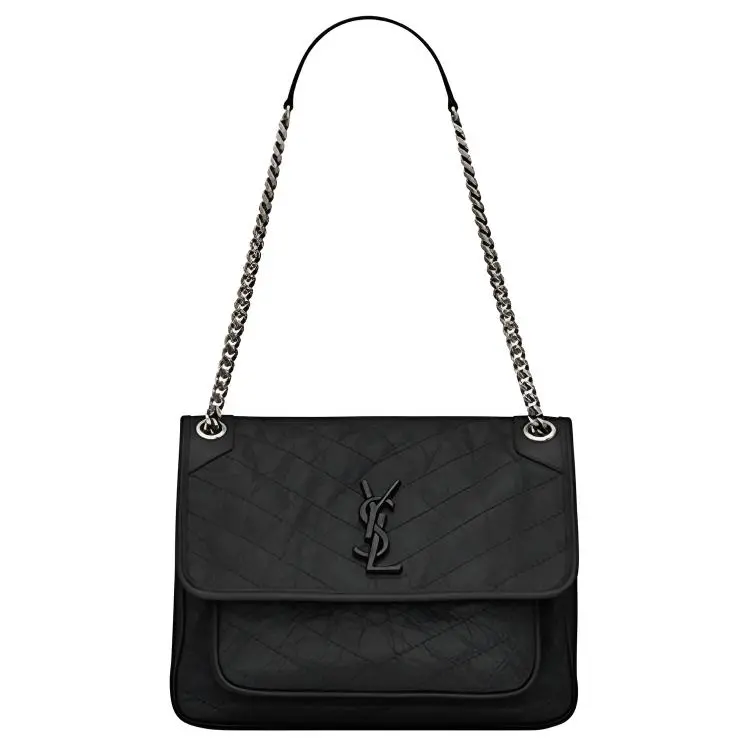 Saint Laurent YSL Niki Crossbody Bag for Women, Vintage Wrinkled Calfskin, Silver Chain and Black Logo, Medium Size, Black