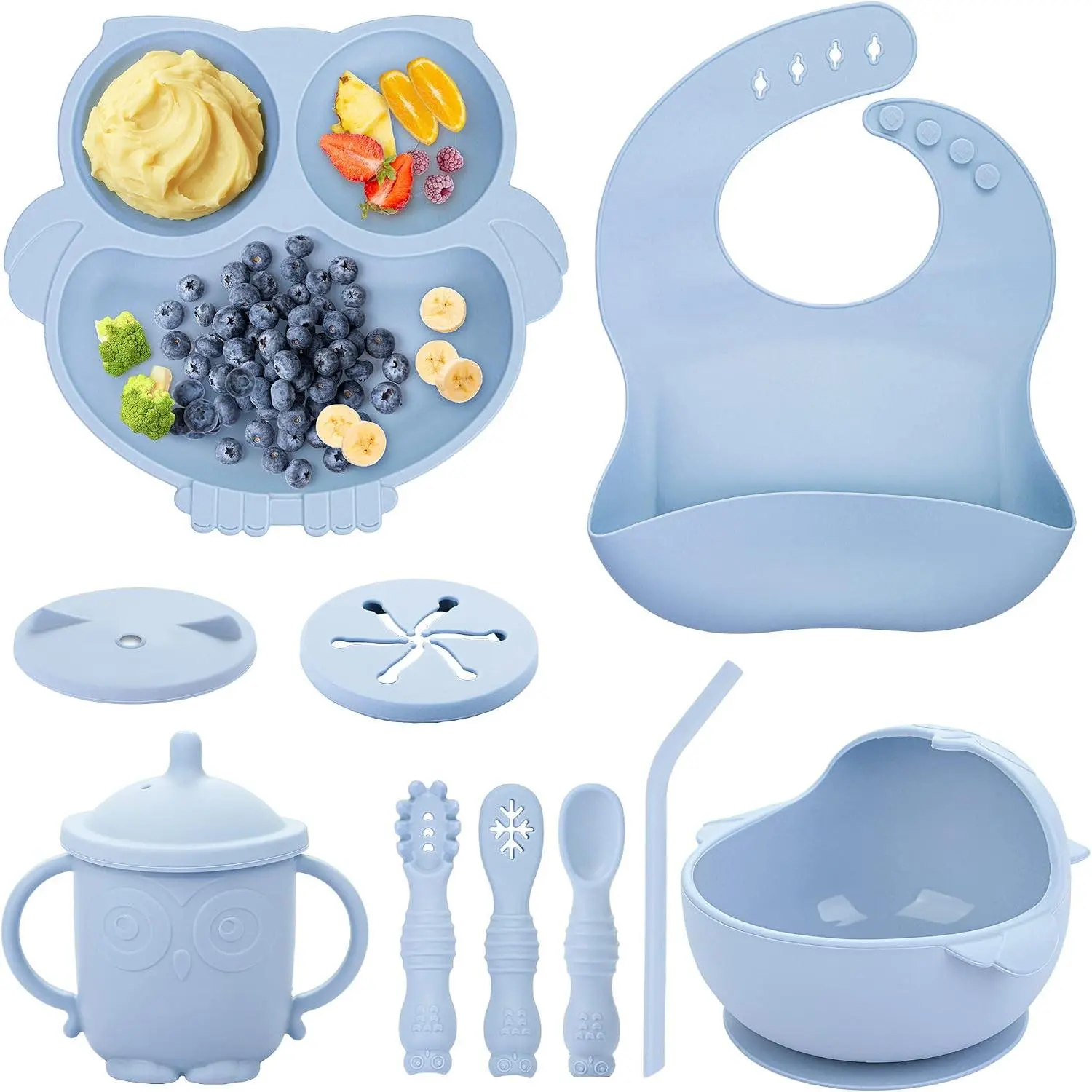 Baby Weaning Set, Silicone Baby Feeding Set(10 Pcs), Toddler Weaning Set with Adjustable Bib, Suction Bowl, Plate, k, Spoon, Water & Snack Cup Kit, Baby Led Weaning Kit  Babies and Kids