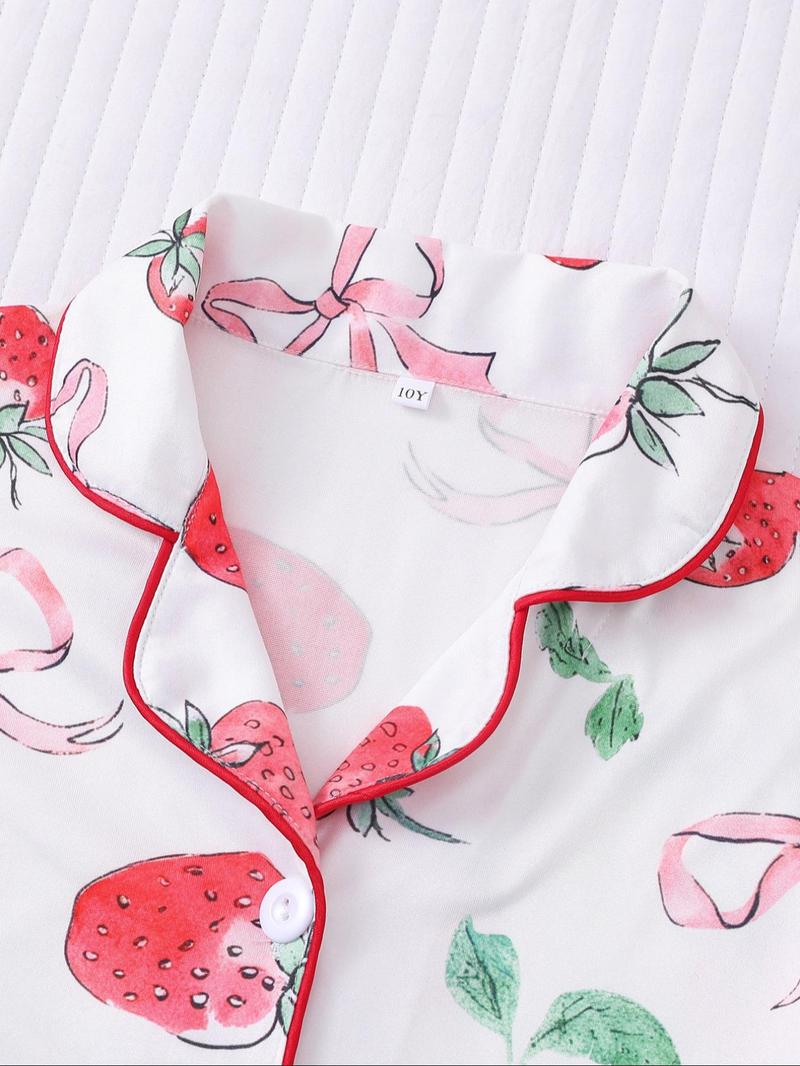 Girl's Bow Print Top & Shorts Pyjama Sets, Cute Casual Comfy Short Sleeve Top & Shorts Set, Kids Sleepwear for Summer, Pajama Set