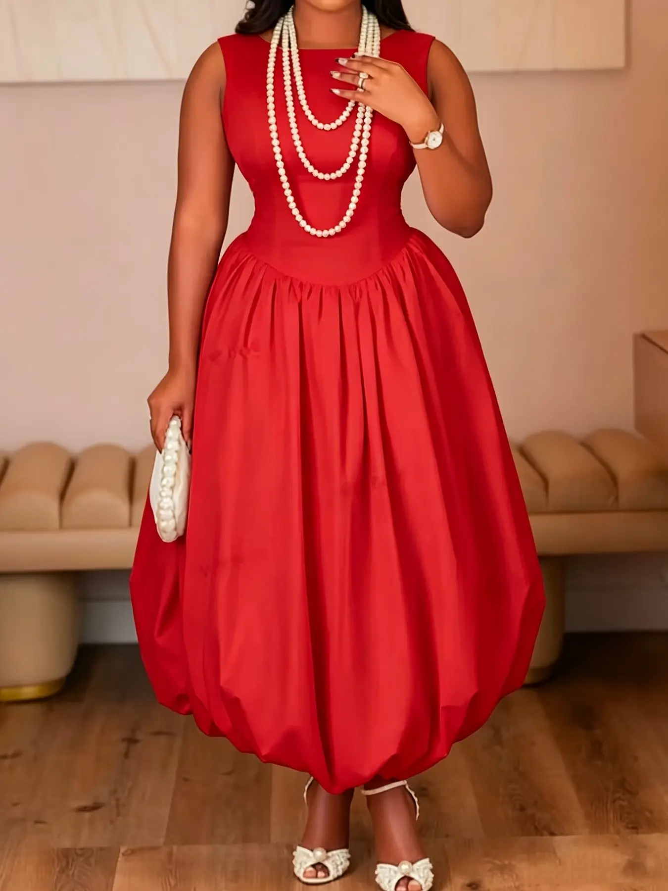 Plus Size Women's Summer New Pure Color Elegant Round Neck Bubble Hem Dress, Casual Midi Dress for Daily Wear, Comfortable & Stylish Design