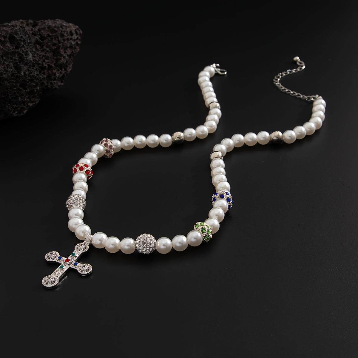 Vintage Luxury Multicolor Artificial Crystal Cross Imitation Pearl Necklace, Men's Charm Jewelry