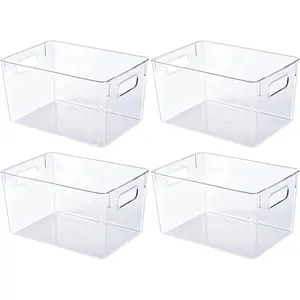 4 Pack Clear Plastic Storage Bins, Pantry Organizers and Storage with Handles, Clear Storage Containers for Fridge, Kitchen, Cabinet, Bathroom and Office