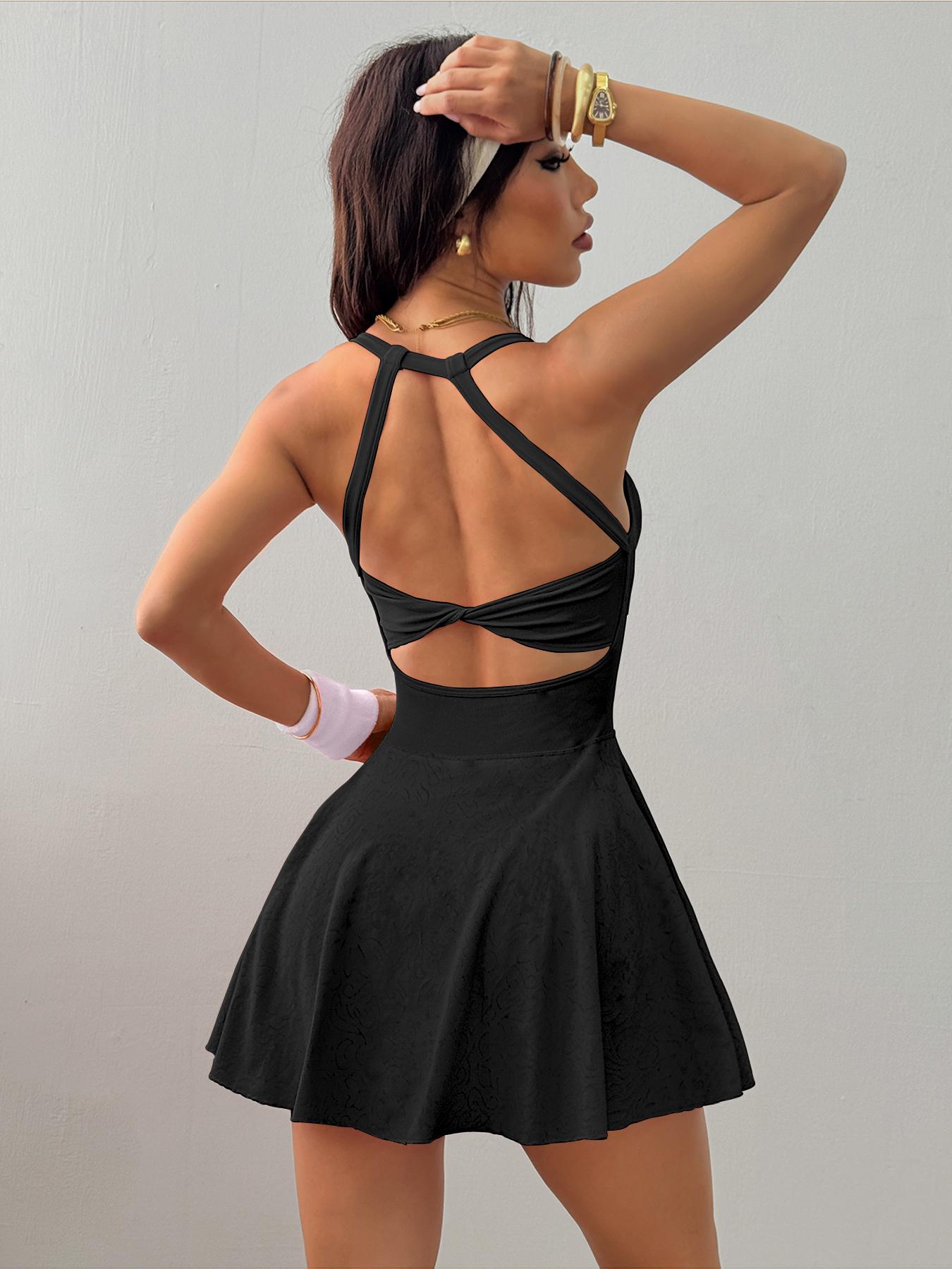 Women's Solid Color Sports Dress, High Stretch Casual Sporty Comfortable Breathable Anti-Exposure Backless Sleeveless Sports Dress with Built-In Pocket for Yoga Gym Workout, Ladies Sportswear for All Seasons