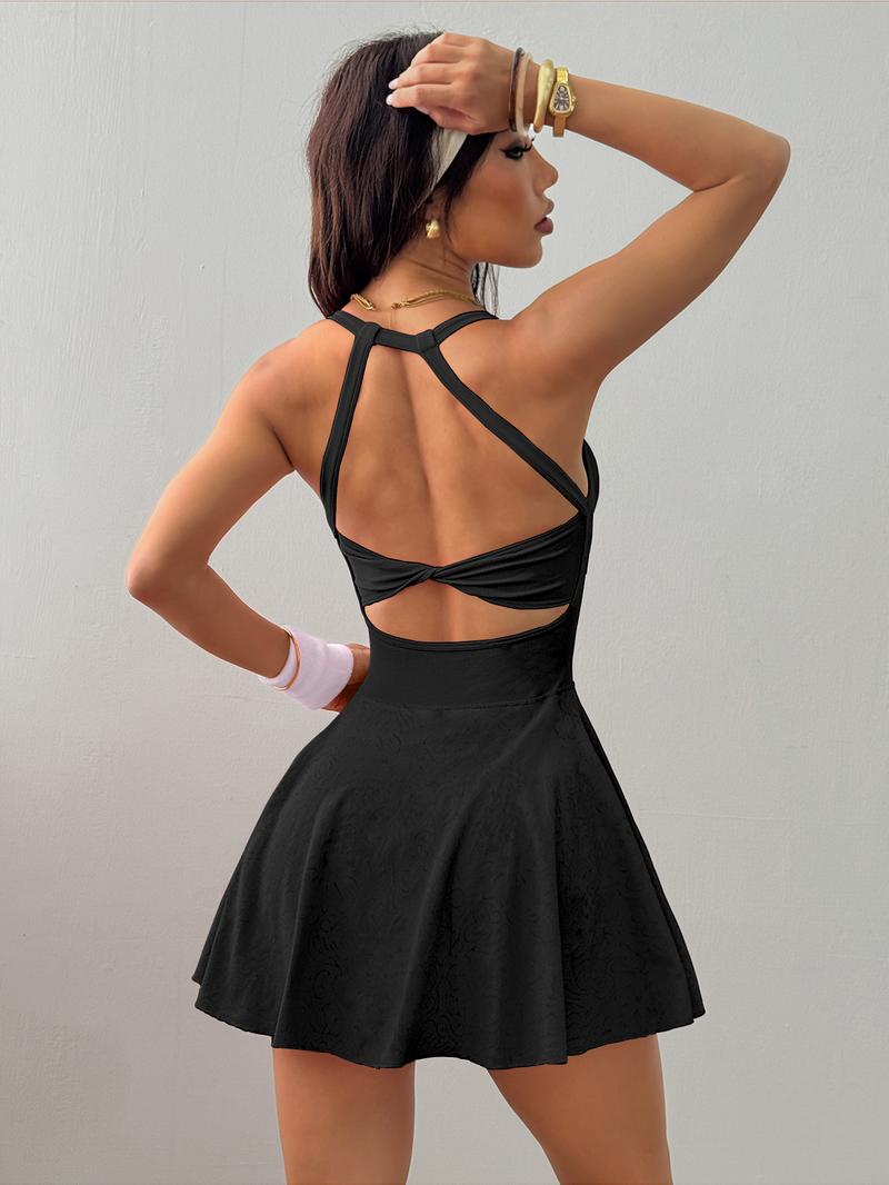 Women's Solid Color Sports Dress, High Stretch Casual Sporty Comfortable Breathable Anti-Exposure Backless Sleeveless Sports Dress with Built-In Pocket for Yoga Gym Workout, Ladies Sportswear for All Seasons