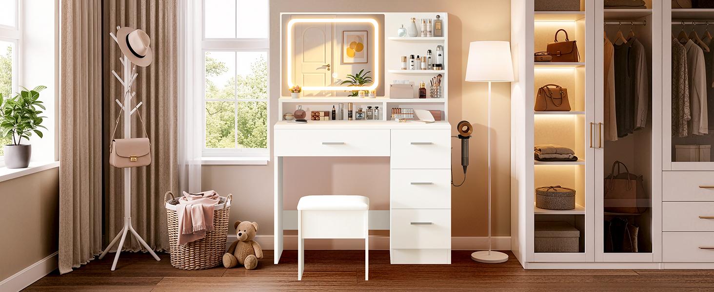 Makeup Vanity Desk with Smart LED Mirror & Charging Station 35.4" White Vanity Table Set with Cushioned Stool 4 Drawers Hairdryer Rack Modern Bedroom Dressing Table White chair light