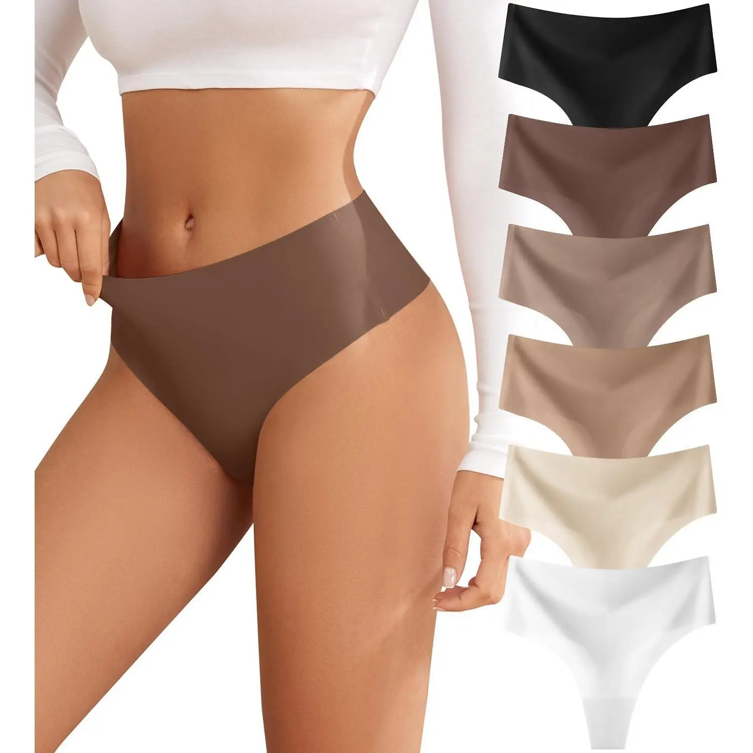 Women's High-Waisted Thongs 6-Pack, Seamless Slim Fit Panties with Cotton Lining, Soft Breathable No Show Underwear for Lady, Hand Wash, Polyamide, Elastane, Underwear For Women, Six Pieces