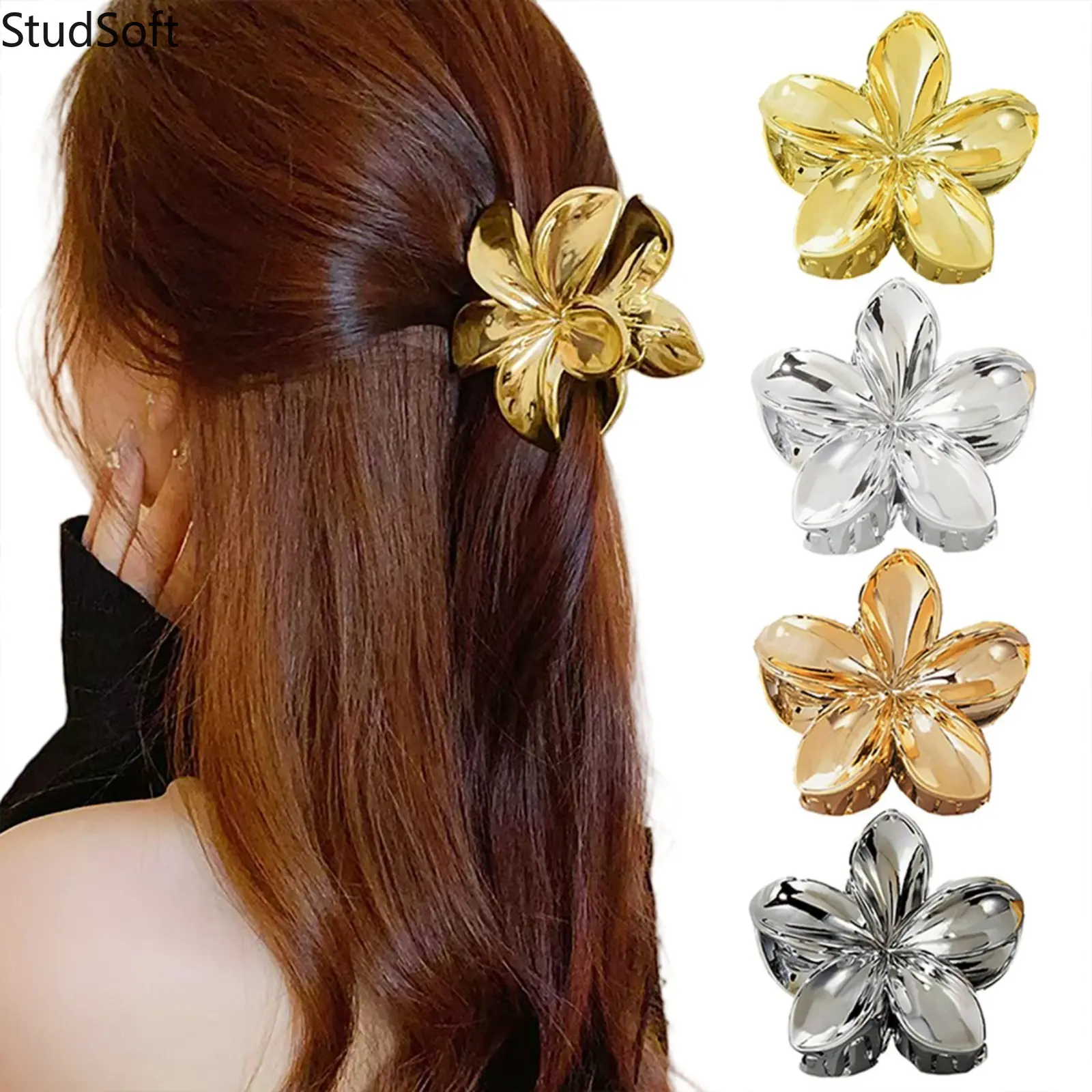 Metal Flower Hair Claw Clips 4-Pack Metallic Gold Silver Plumeria Shark Jaw Clip Non-Slip Strong Hold Hairpin Accessories for Women Girls Daily