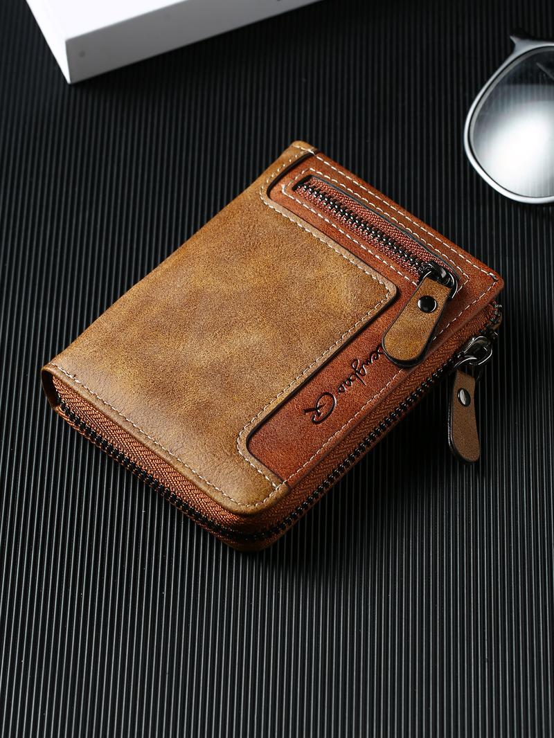 Premium Men's Short ID Card Holder Billfold Casual Leather Zipper Coin Purse Multi-Card Slot Portable Wallet