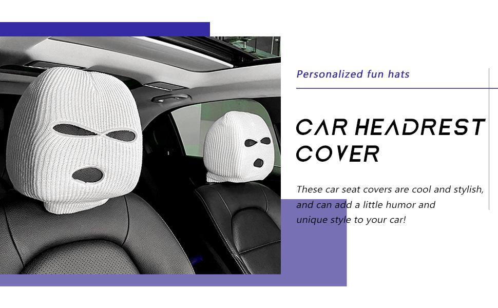 2 PCS Car Headrest Cover, Personalized Funny Car Seat Full Face Mask, Ski Mask Wrap Protection for Auto Front Seat Rest Decoration, Universal Interior Car Accessories (White)