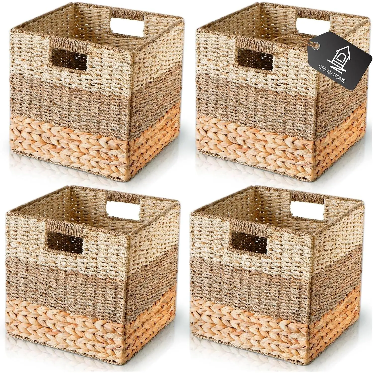 CHI AN HOME 11x11 Wicker Storage Cube Baskets - Bin Set of 4 for Shelves, Palm Material, Laundry Organizing, Decor Accent, Gift Option