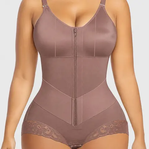 Women's Colombian Body Contouring Faja Shapewear Bodysuit, V-Cut Front Zip Tummy Control & Butt-Lifting Full Body Shaper, Seamless Waist-Firming Shapewear for Daily Wear & Workout