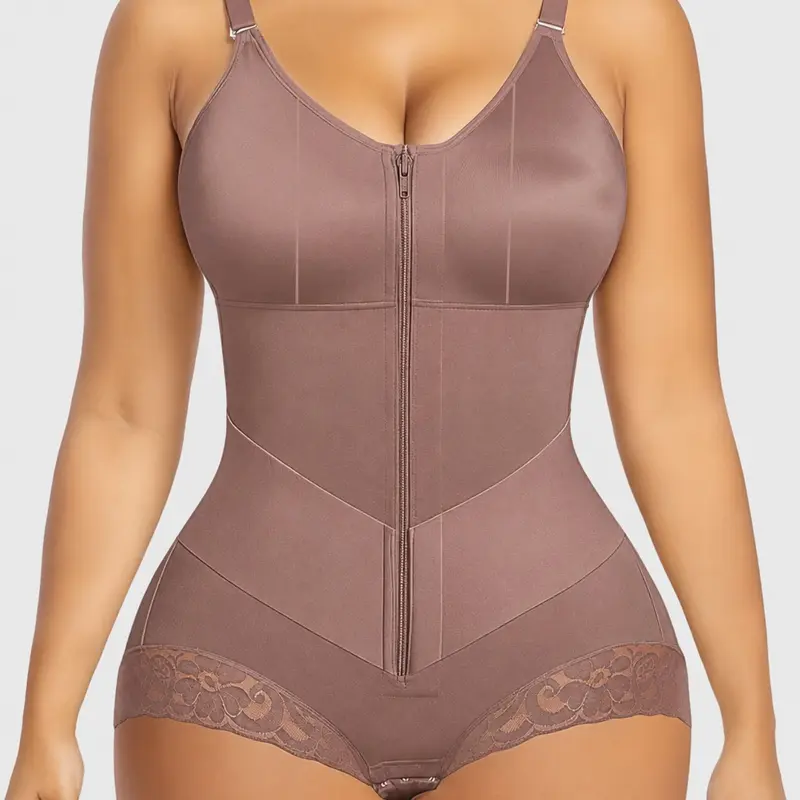 Women's Colombian Body Contouring Faja Shapewear Bodysuit, V-Cut Front Zip Tummy Control & Butt-Lifting Full Body Shaper, Seamless Waist-Firming Shapewear for Daily Wear & Workout