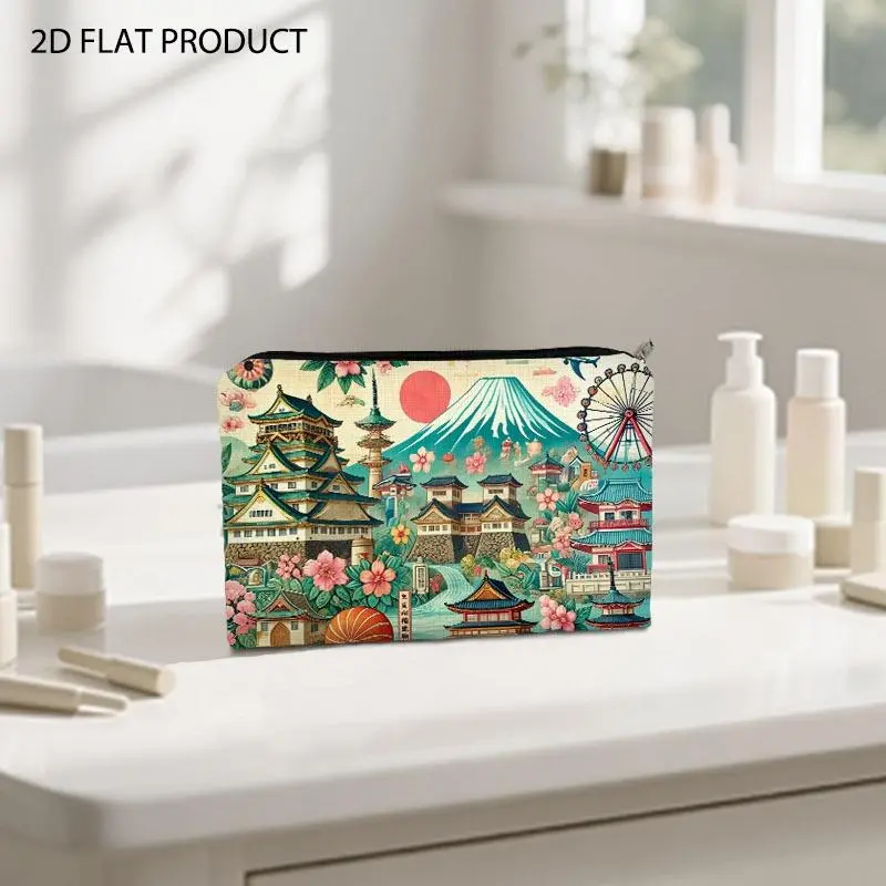 Vibrant Retro Japanese Scenery Print Makeup Bag, Double-sided Pattern Design with Mount Fuji, Cherry Blossoms & Traditional Architecture, 5.9*8.66inch Portable Cosmetic Pouch for Daily Storage & Travel Organization