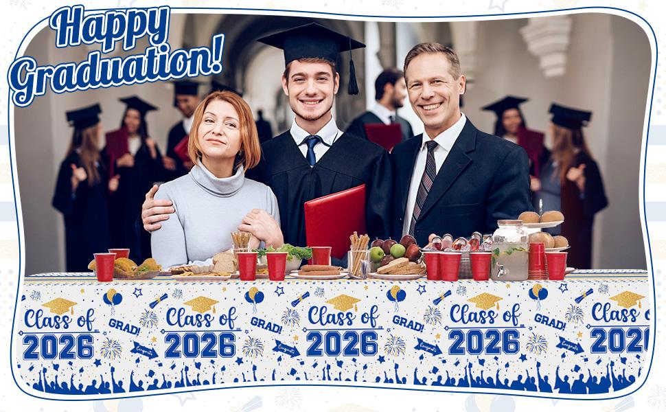 Graduation Decorations Class of 2026 Tablecloth - 3 Pcs Plastic Congrats Grad Table Cloth, Graduation Table Cover for Graduations Party Decorations 2026 and Party Supplies, 54"x108" (Blue and Gold)