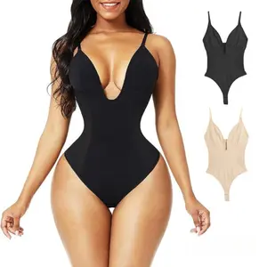 Women's Plunge Neck Seamless Shaper Bodysuit| Low Back Hourglass Thong Fajas| No Show Cleavage Enhancer Under High-Cut Dresses