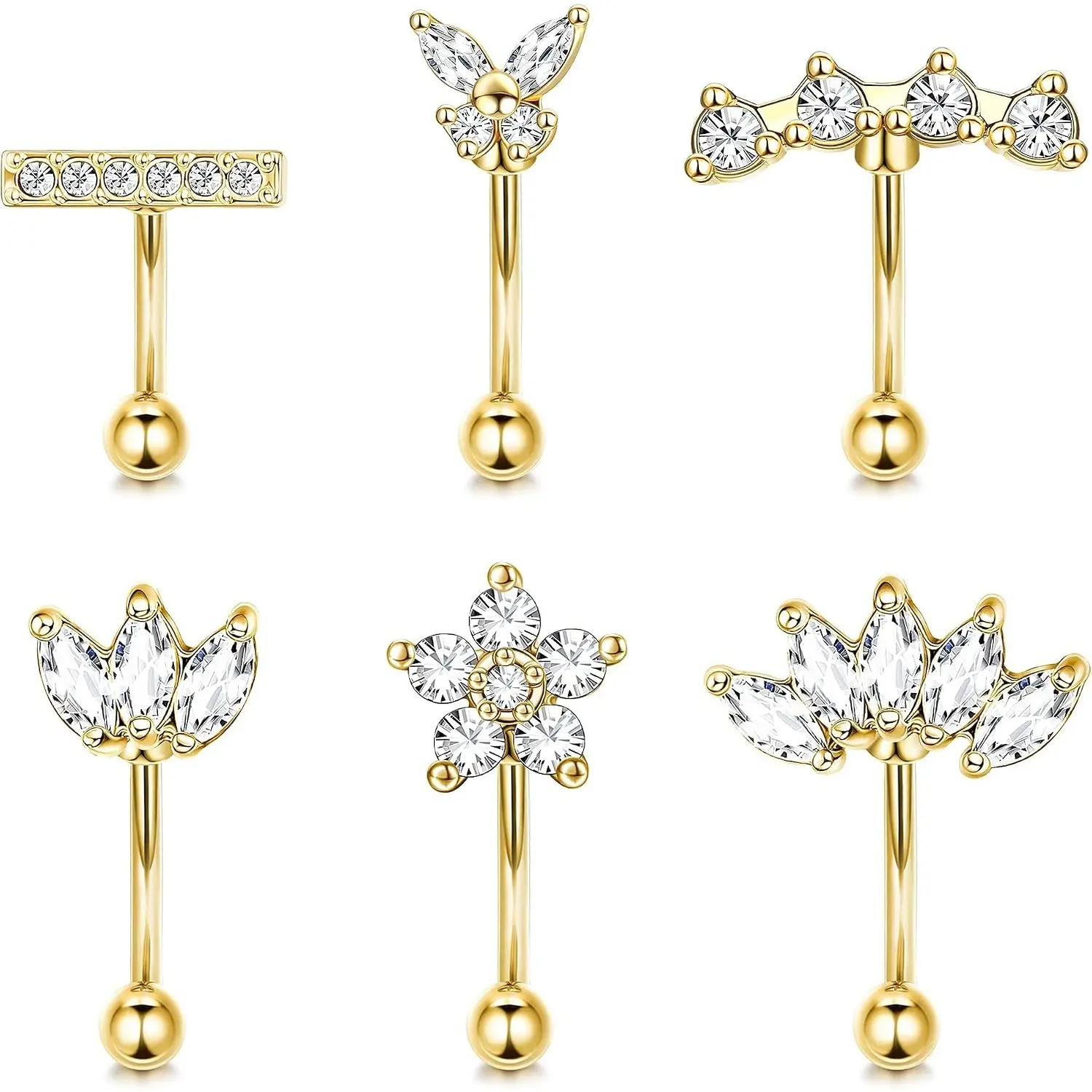 Women's 6-Pcs 16G Surgical Steel Curved Bars - CZ Accents Body Piercing Jewelry, Nickel-Free Rook Daith Cartilage Tragus Eyebrow Rings, 6-8mm Lip/Belly Button Rings for Everyday Wear