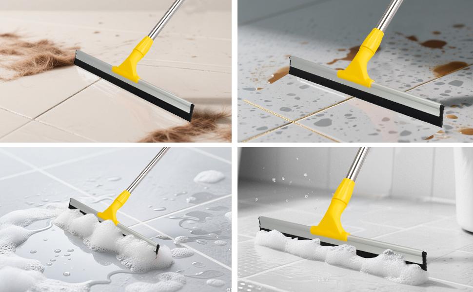 17.2"Professional Floor Scrubber Shower Squeegee,Rubber Silicone Broom with Long Stainless Steel Handle for Kitchen, Swimming Pool, Concrete Floors,Shower Tiles,Garages,Windows,Glass,Pet Hair Removal