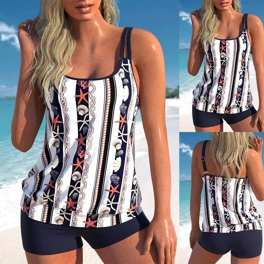 New Fashion Women's Tankini Quad Shorts Two Piece Swimsuit Sexy Holiday Seashell Print Beach Set S-6XL