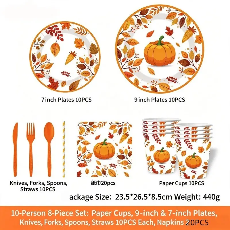 90pcs Thanksgiving Party Tableware Set for 10 People, Includes Disposable Paper Plates Cups and Napkins, Perfect for Holiday Gatherings and Festive Events