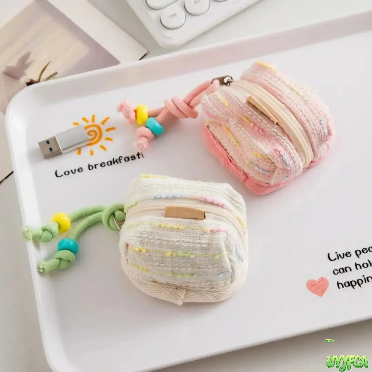 Cute Pastel Color Waffle Knit Mini Coin Purse, Knotted Bead Tassel Zipper Small Storage Pouch, Portable Soft Fabric Earbud Lipstick Key Organizer Bag, Cute Aesthetic Tiny Pocket Accessory Holder For Daily Travel Backpack Handbag Insert