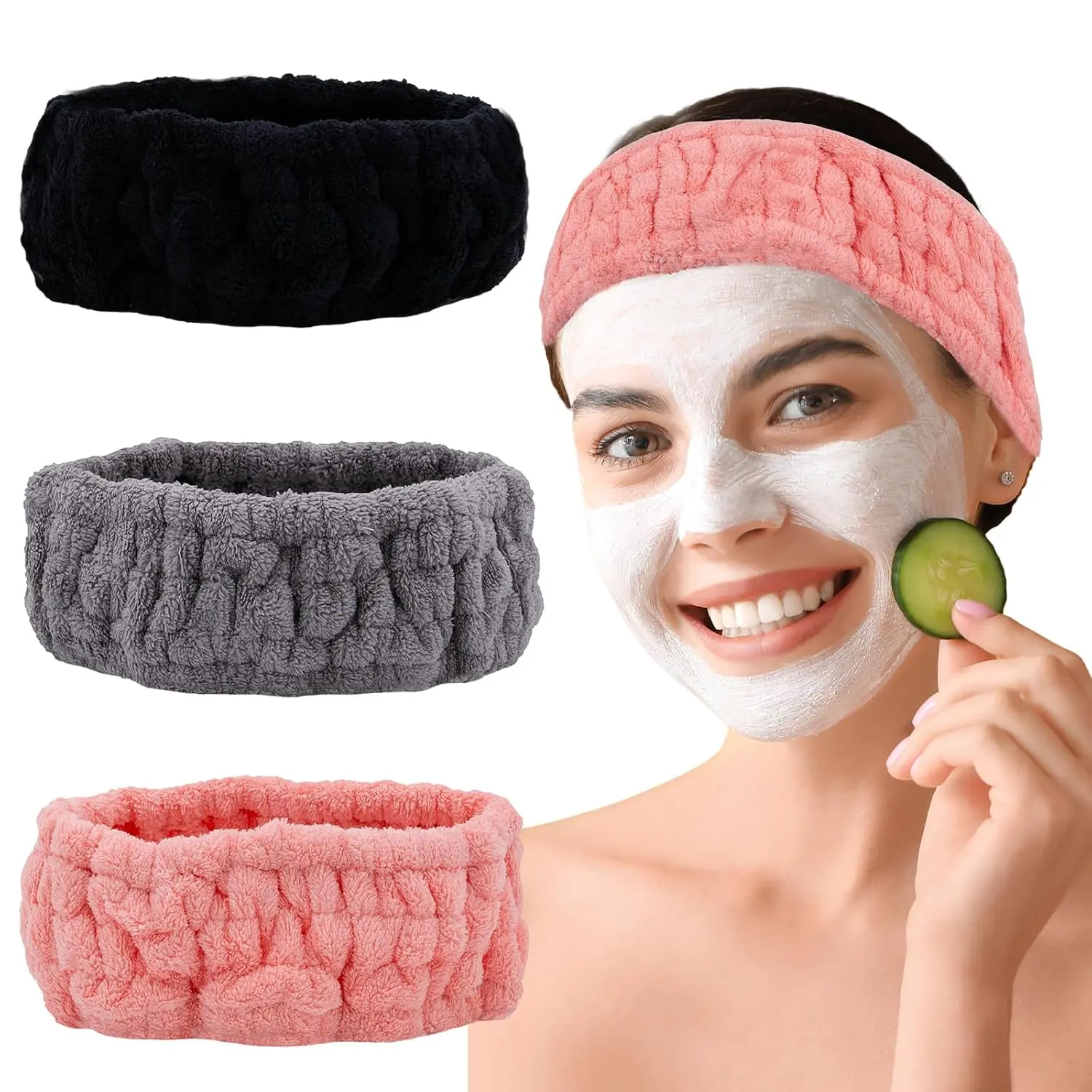 Microfiber  Headband 3-Pack, Soft Terry Cloth Headband for Washing , Facial Mask, Makeup, Shower, Yoga,  for Women and Teens (Black+Gray+), Headbands For Women, One Size