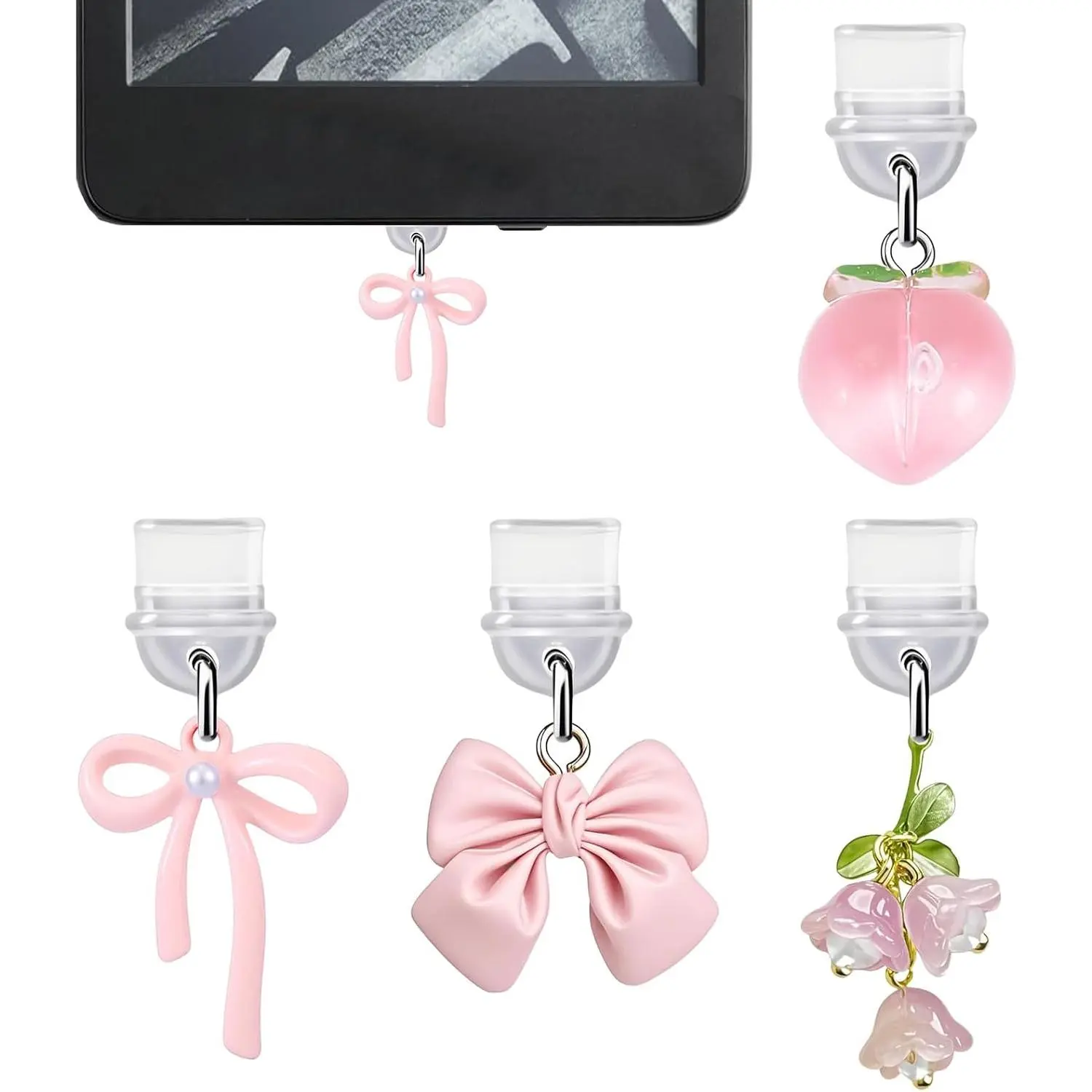 4 count Charms for Kindle,  Bow Dust Plug Charm Compatible with E-Reader, Phone, Ipad with Type C/USB C  Port-CP001