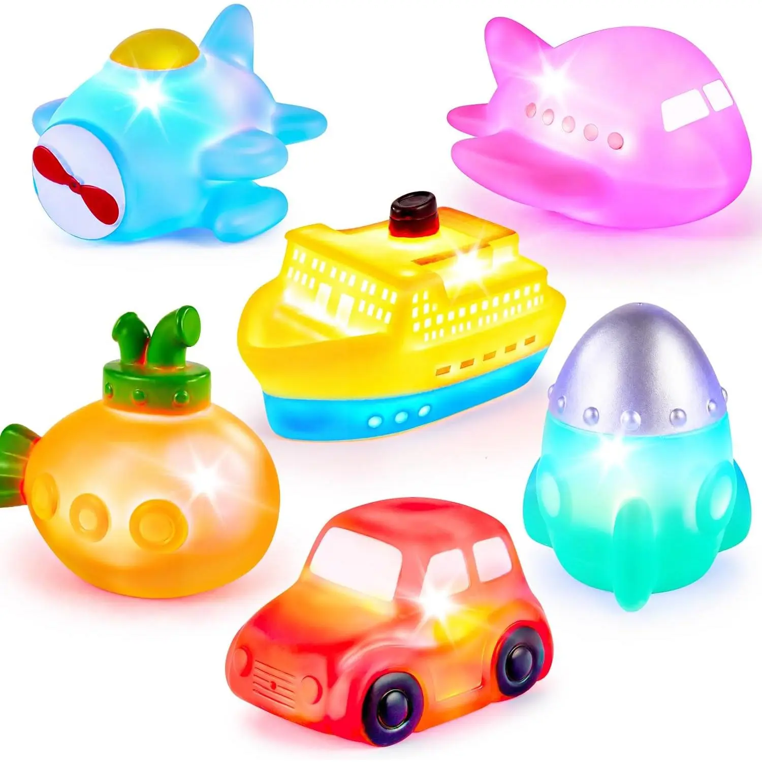 6-Pack No-Hole Boat-Shaped Floating Rubber Floaters Toy Set, Prop 65 Safe LED Color-Changing Bathtub Toys for Baby Toddler Bath, Shower or Swimming Pool Play, Boat Shapes, Floating Toys