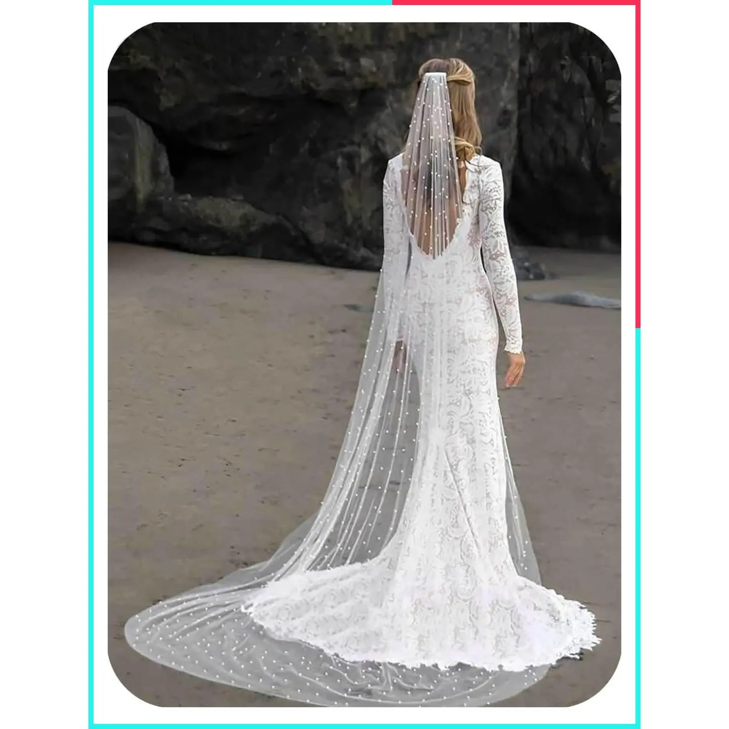 Cathedral Length Pearl Wedding Veil with Comb, 1 Tier White Bridal Veil for Women