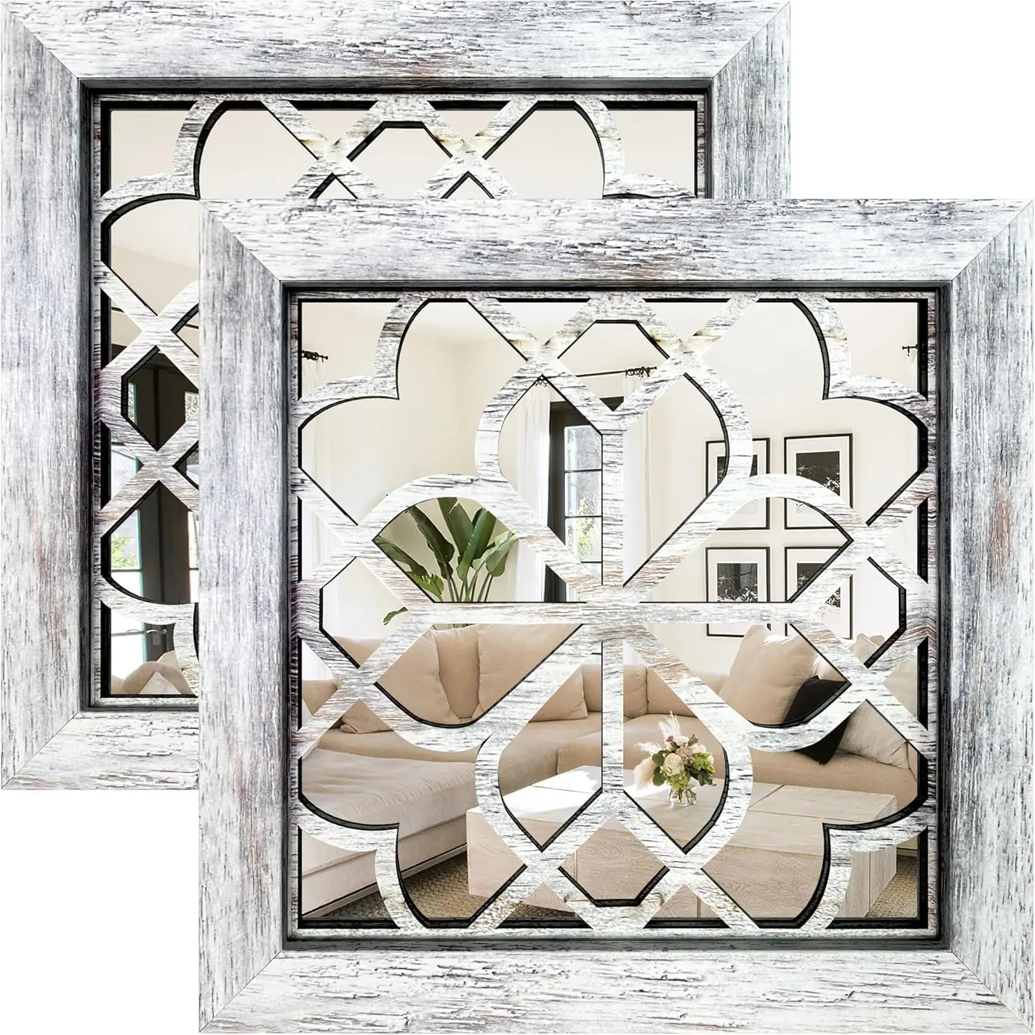Boho Wall Mirror Decor, Set of 2 Rustic Farmhouse Accent Mirrors 12x12 Inch, Square Acrylic Shatterproof Vintage Style Mirror for Wall, Small Decorative Mirrors for Living Room, Bedroom, Grey
