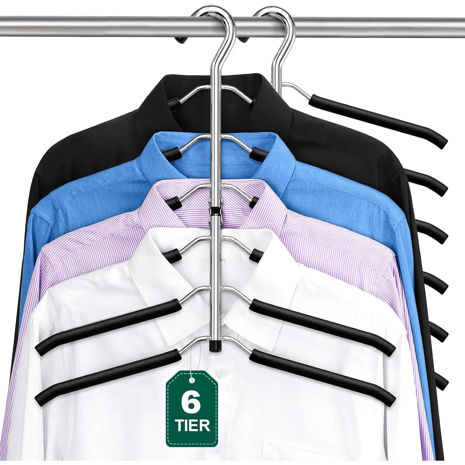 Space Saving 6 Tier Coat Hangers - Non Slip Foam Padded, Black Metal Sweater & T Shirt Hangers for Men & Women, 2 Pack Closet Organizers