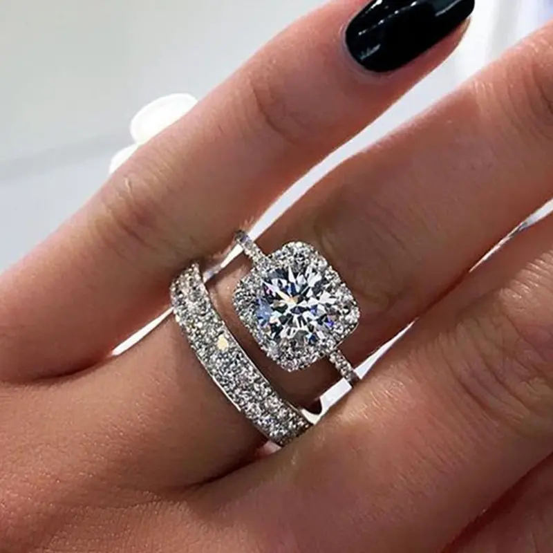 Silvery Cushion Halo Rings for Women, 2pcs White Gold Plated Bridal Set with Round CZ Center Stone & Full CZ Stackable Wedding Band, Promise Jewelry Gift, Bridal Ring Set, Wedding Ring Sets, Engagement Rings