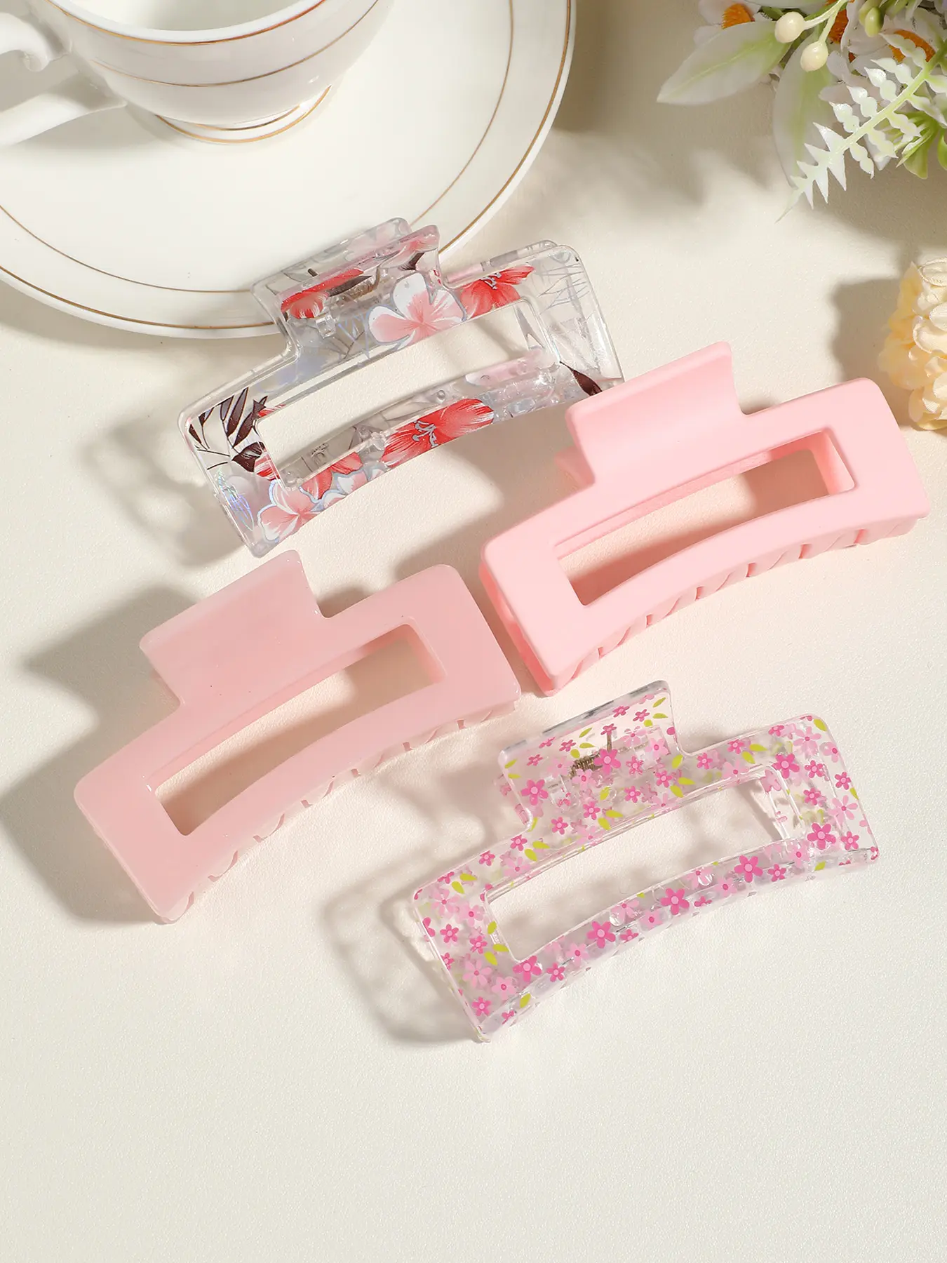 4Pcs Aesthetic Rectangular Hair Clips, Vintage Flower Print and Matte Finish Claw Clips, High Quality Nonslip Hair Clamps, Minimalist Elegant Hair Accessories for Women