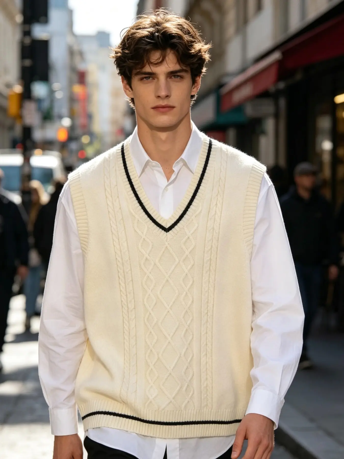 Men's Colorblock Trimmed Knit Vest, V-Neck Sleeveless Academic Style, Classic V-Knit Vest, Essential Fall Fashion Item for Men