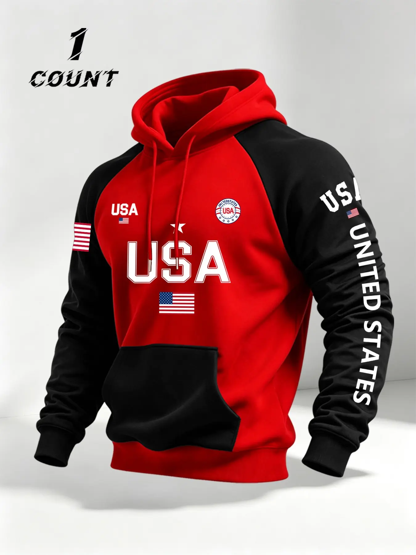 Men's Pullover Hoodie, Hooded Drawstring Sweatshirt, Usa Flag Colorblock Design, Kangaroo Pocket, Drawstring Hat, Loose Fit, Casual Streetwear, All Seasons