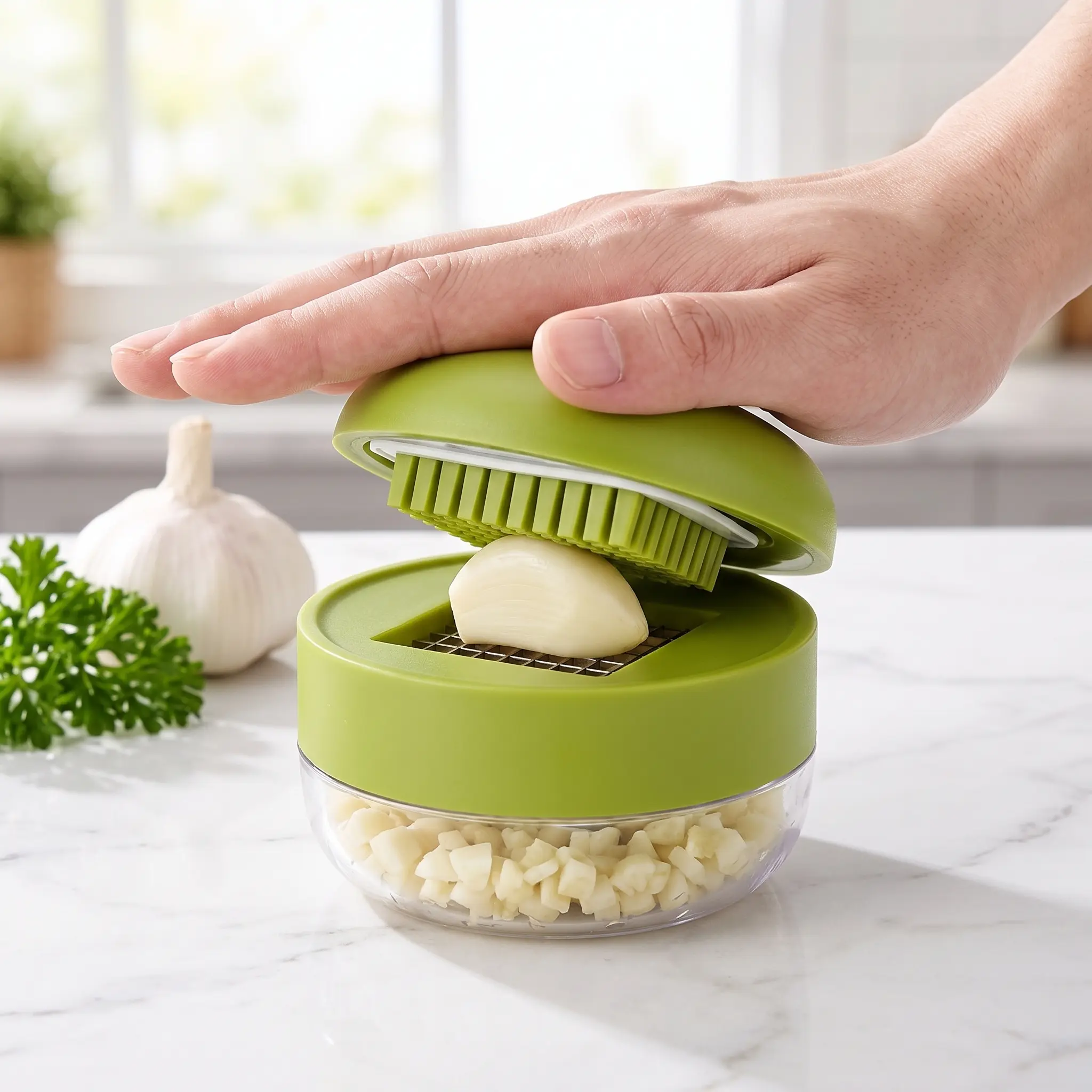 Mini Garlic Chopper and Press with Container, Manual Garlic Mincer Crusher Cutter Grinder, Stainless Steel Blades, Handheld Garlic Slicer Dicer Zoom Tool – Green-YY1