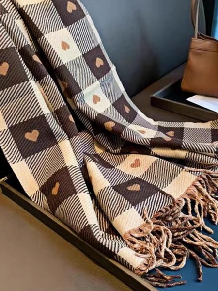 Plaid & Heart Pattern Tassel Decor Scarf, Elegant Soft Warm Thick Shawl for Women & Men, Fashion Accessories for Fall & Winter, Checkered Scarf