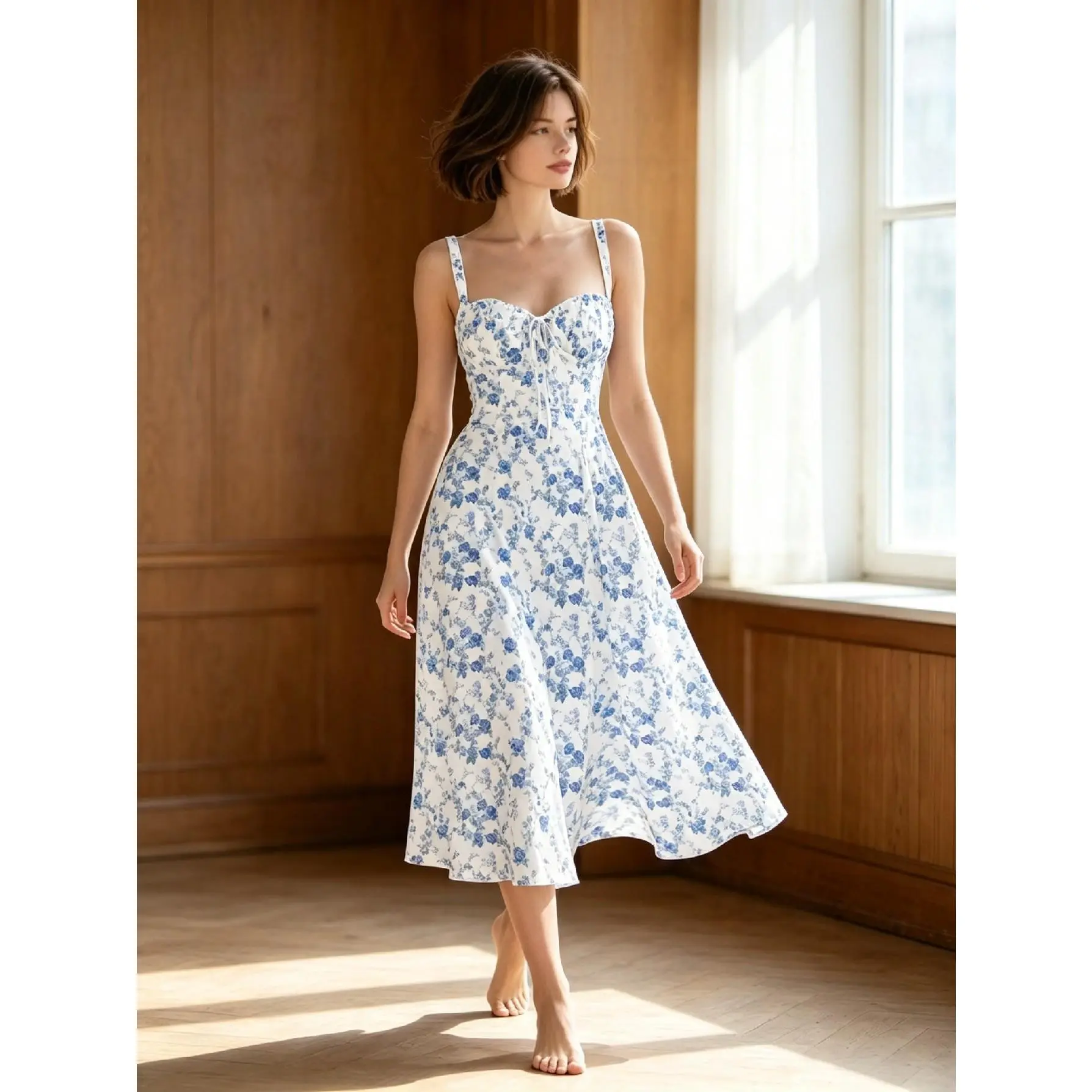 Lady's Polyester Fabric Blue Floral Print Tie-up Spaghetti Strap Suspender Dress - Casual Wear for Romantic Occasions, Parties, Sleeveless