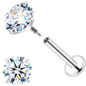 16G 18G Moissanite Earring D Color VVS1 Clarity, G23 Titanium Internal Thread Flat Back Earrings, Silver Black Piercing Jewelry for Tragus Helix Conch Cartilage, Hypoallergenic Nose Stud for Women Men 1PCS