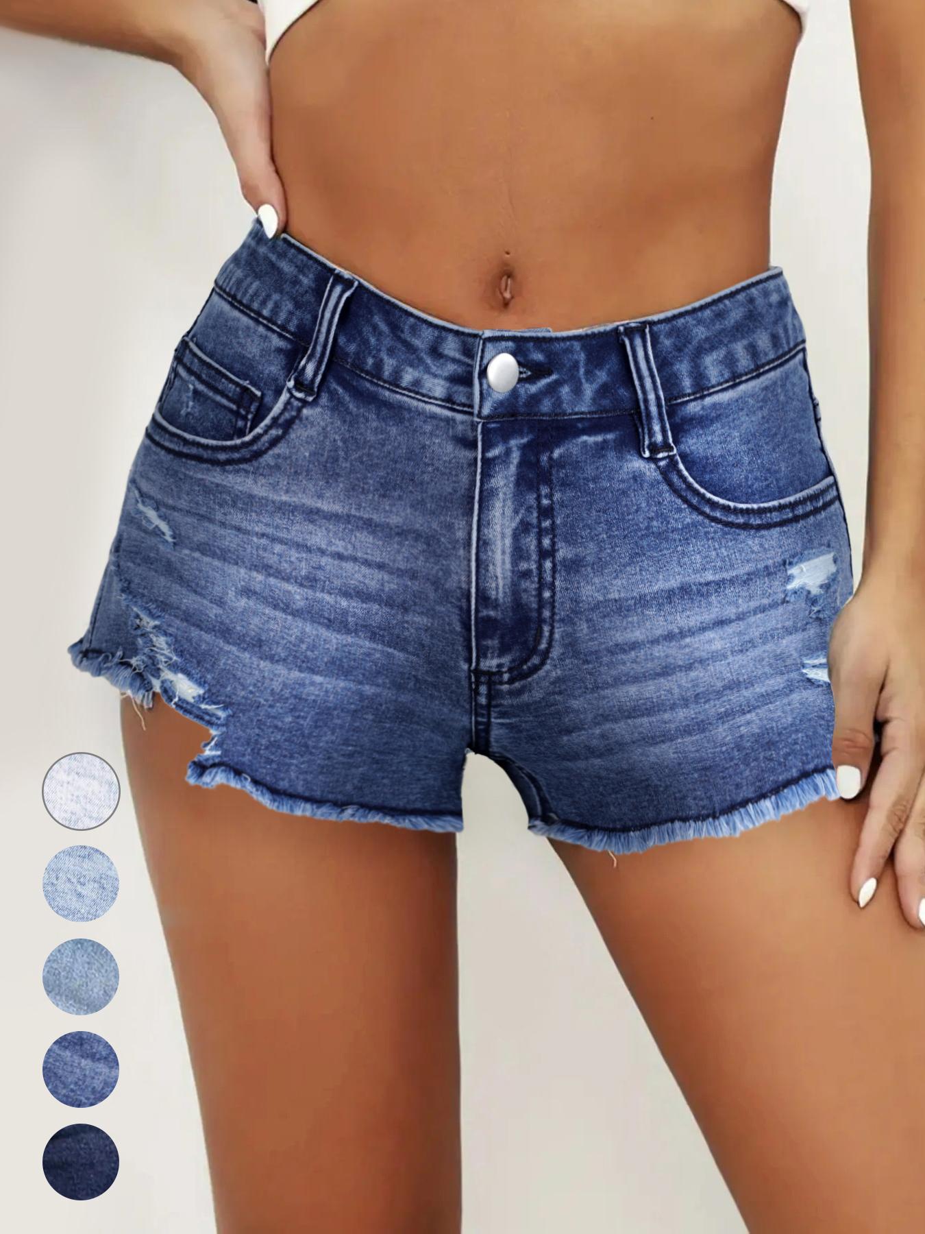 Women's Ripped Slash Pockets Denim Shorts, Casual Trendy Fitted Raw Hem Jean Shorts for Daily Wear, Ladies Summer Bottoms