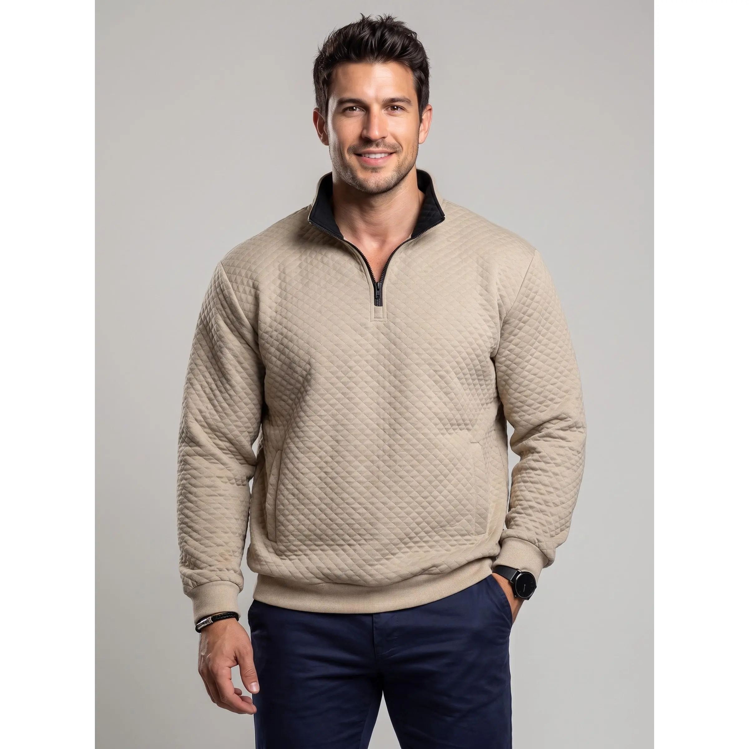 KZZ Men's Diamond-Patterned, Half-Zip Mock Neck, Color-Blocked Long-Sleeve Casual Sports Sweatshirt