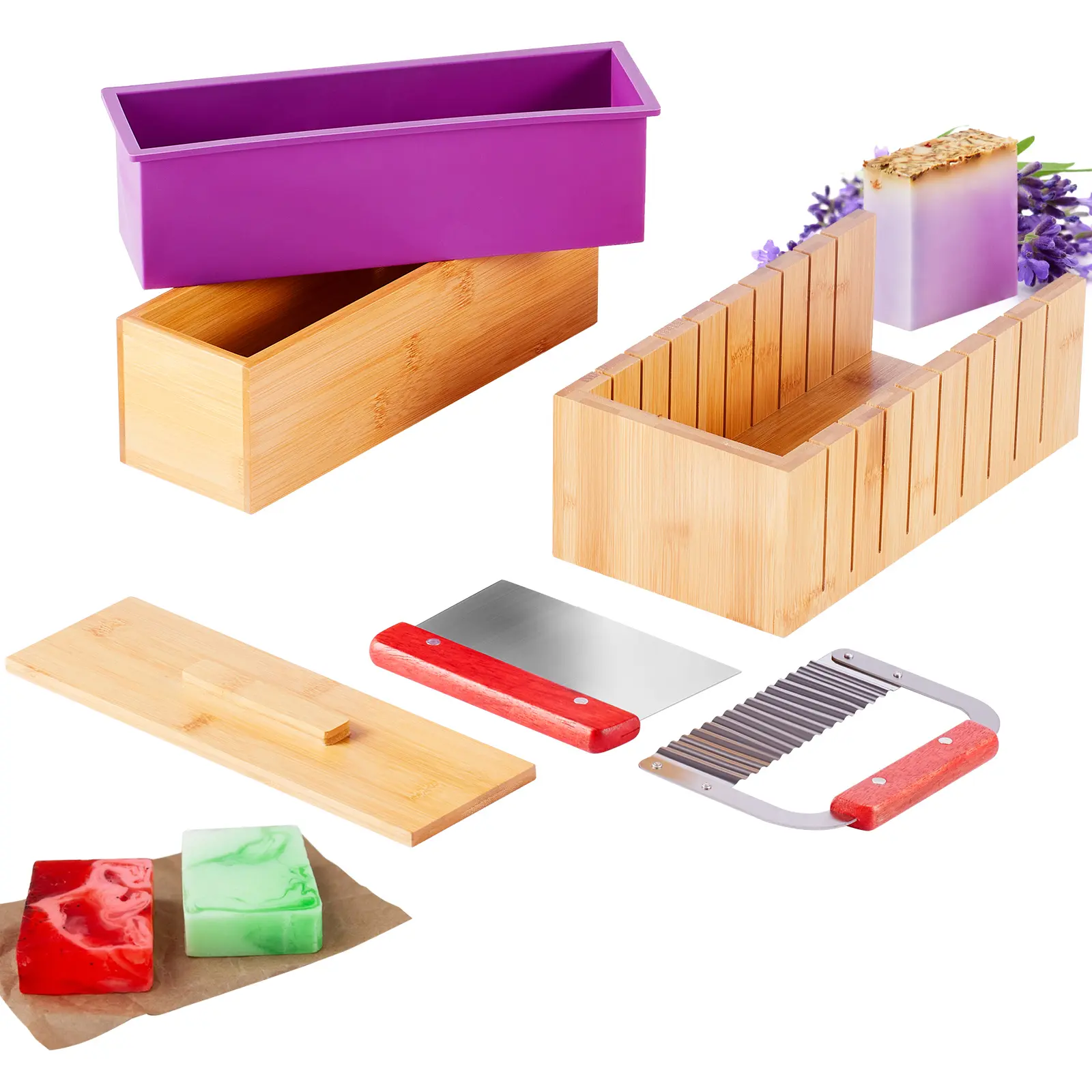 Soap Making Kit, Bamboo Cutting Box and Inner Box with Silicone Mold, 48oz / 1301ml Volume Capacity, Silicone Molds, Natural Bamboo Cutting Box, Complete Soap Making Kit