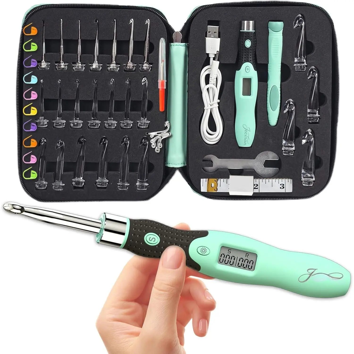 Upgraded Lighted Crochet Hooks Set with 24 Interchangeable Heads-Rechargeable Counting Crochet Hook Set-No Need to Move Fingers- Digital Crochet Hook for  Hands