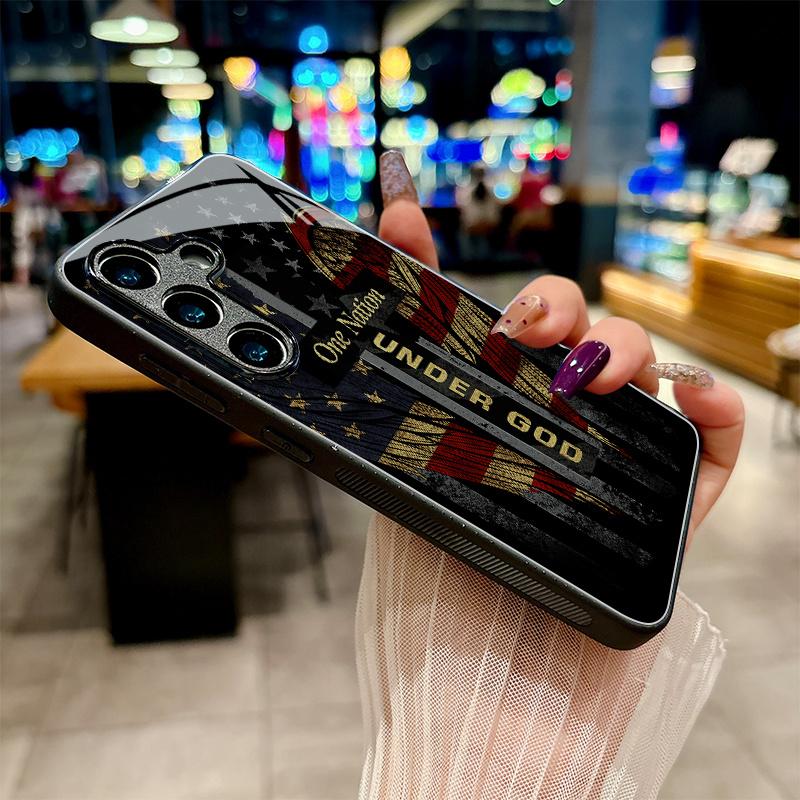 Sacred Declaration on Winged Flag Cross Tempered glass phone case Applicable for Samsung Galaxy S26 S25 S24 S23 S22Pro S21 S20 Fe Plus Ultra Pro A56 A55 A54 A53 A52 A51 A36 A35 A34 A32 A26 A25 A24 A23 A16 A15 A14 A06 A05 A03s, a high-end gift for friends