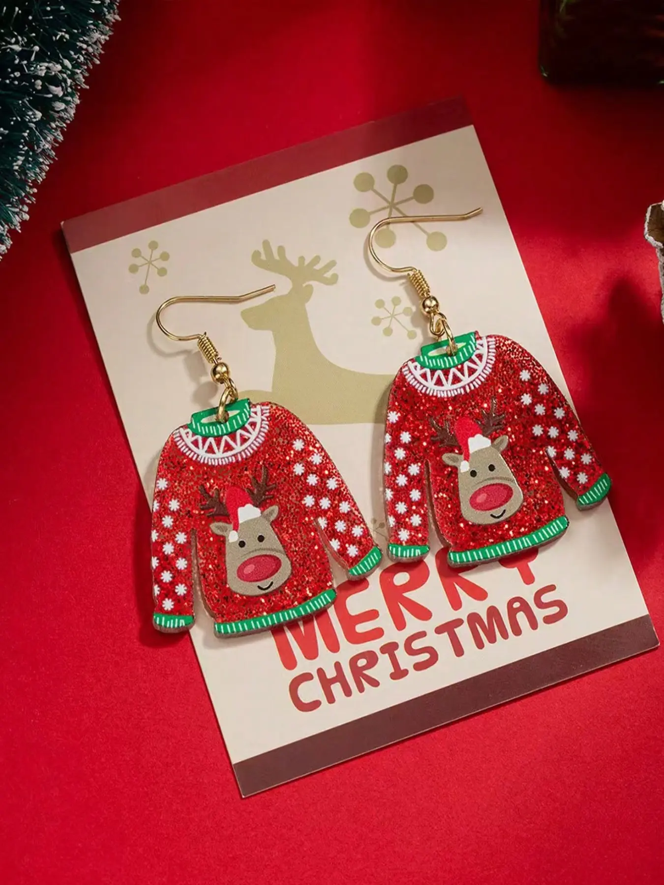 Shimmering Christmas Reindeer Sweater Earrings, Cute Cartoon Deer Knit Pendant, Festive Atmosphere Ear Jewelry, Holiday Accessories