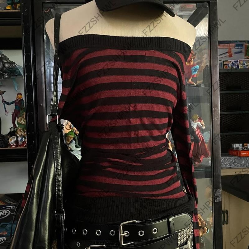Fashion Stripe Harajuku Rock Gothic  Knitted sweater Unique Spicy Girls Punk Top Wintertime Streetwear One shoulder Sweater