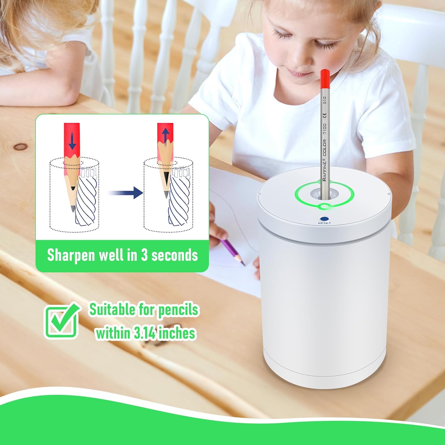 Fully Automatic Electric Pencil Sharpener,Rechargeable  Pencil Sharpener.Suitable for No. 2/Colored Pencils (6-8 mm),Applicable to School/Classroom/Office/(White)